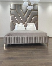 Vemiri Tall High Panel Headboard Velvet Bed Frame With Gold Mirror Finish Inlays