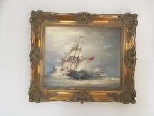 R H Dean Signed Original Framed Oil on Canvas Painting Ship on Heavy Seas Marine