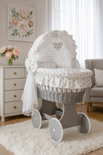 Grey Wicker Baby Moses Basket Crib on Wheels with Bedding, Grey Star Design