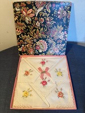 Vintage Box Set of 5x Lady's Handkerchiefs 100% Cotton Lace & Embroidery Unused