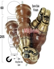 4x Solid Wood Brass Castor Furniture Chair Legs M8 Settee, Sofa Feet 205mm High