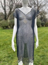 Antique 1920s art deco flapper Assuit net mesh tulle dress overall dark blue S M
