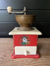 German Vintage Hand crank coffee grinder. Red/Cream w Flower Motif