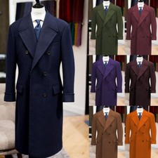Wool Men's Long Overcoat Double Breasted Peak Lapel Formal Business Coat Outdoor