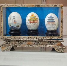 Vintage Oriental Asian Chinese Two Hand Painted Eggs in Display Case //4418