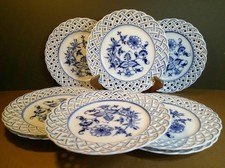 Antique TK Thun Pierced Onion Pattern Porcelain Plates , Set of 8