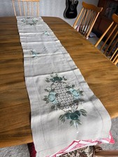 Vintage, table ware, table runner, embroidered very pale blue/green 69 x12 inch