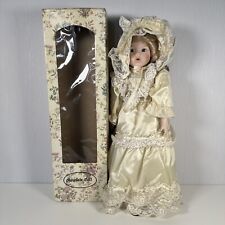 Porcelain Doll Large 22" Blue Eyes Blonde Hair Hat Gold Dress BOXED