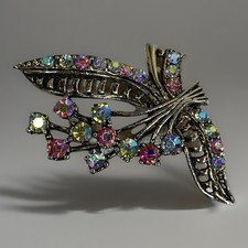 Vintage Flower Spray Brooch AB Multicolour Glass Rhinestone Silver Tone Bouquet