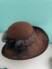 Louise Green Brown Felt Hat Black Roses Embroidered Ban