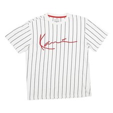 KARL KANI Mens White Black Pinstriped Signature T-Shirt XS Short Sleeve Crew