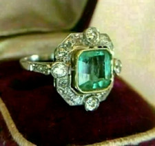 Art Deco Vintage 3.80CT Green Emerald Antique Anniversary 14K White Gold FN Ring