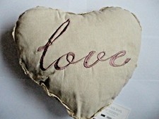 Love Heart Shaped Filled Cushion.Crochet Work, Linen & Pink Embroidery 36 x 30cm