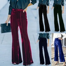 Women Velvet Velour Flared Trousers Waist Casual Ladies High Stretchy Pants