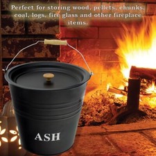 12L Metal Ash Bucket With Lid Wooden Handle Fireplace Container Litre Coal Bin