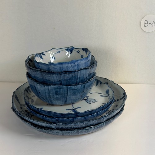 6pc blue white floral - &,