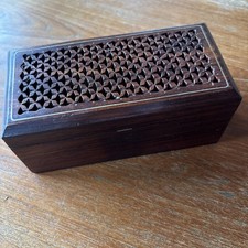 Sheesham Wooden Trinket Box Sliding Section Hinged Lid Hand Crafted Brass Inlay