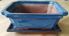 Dark Blue Glazed Bonsai Ceramic Planter Pot & Tray