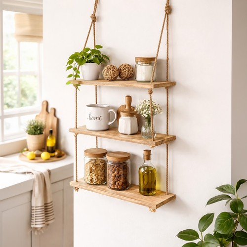 Hanging rope shelf wooden - 3,