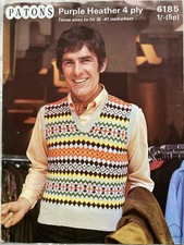 Vintage 1970’s Patons 6185 Knitting Pattern Fair Isle Pullover Vest Tank Top Men
