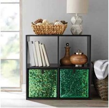 3 X FOLDABLE TEAL SEQUIN CANVAS STORAGE COLLAPSIBLE FOLDING BOX FABRIC CUBE TOY