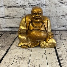 Gold & Bronze 18cm x 15cm Large Chinese Buddha Sitting On Lotus Statue Resin
