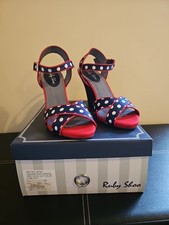 Ruby Shoo Evie Women's Navy/Red Polkadot Strappy Wedges Size 7