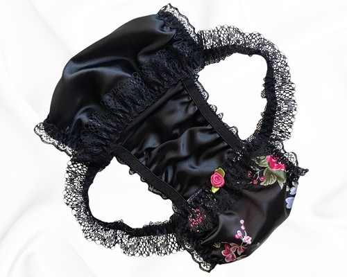 Black satin floral - black,