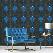 Debona Isadora Art Deco Retro Glitter Textured Black Blue Gold Wallpaper 2492