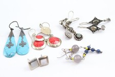 Sterling Silver Earrings Coral MOP Vintage Turquoise Lapis Drops x 6 (17g)