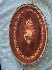 Vintage Italian Marquetry Wood Floral Inlay Brass Handle Tea Vanity Tray Serving