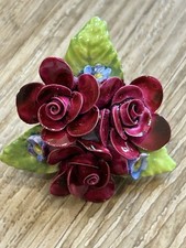 Coalport China Brooch - 3 Red Roses, Small Blue Flowers with Green Leaves