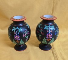 PAIR OF VIBRANT COLOURED PRATTWARE STYLE VASES WITH BOTANICAL DECORATION C.1870