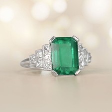 Art Deco Style Lab-Created Green Emerald Step Shoulder Promise 925 Silver Ring