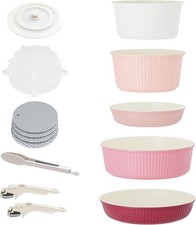 5Pcs Graduated Pink Pots Pans Set with Lids & Detachable Handle Induction Safe