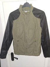 JOHN BANER Womens Green / Khaki Denim Jacket - Black Faux Leather Sleeves UK 14