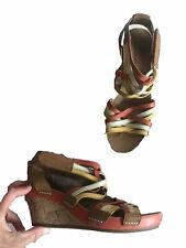 Clarks Sandals Tan Mix Leather Low Wedge Heel Slingback Size 4.5D Read Descript!