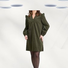 Ex TU Women's Shirt Dress Olive Green Frill Sleeve Corduroy Cotton