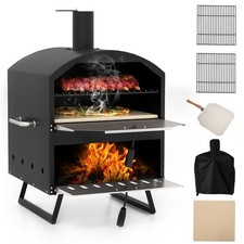 COSTWAY Outdoor 60cm Wood Fired Pizza Oven 2-Layer Pizza Maker-Black
