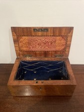 Antique Victorian Burr Walnut  Inlaid Jewellery Box With Original Key 8.5x5x3”