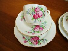CLARE PINK ROSES TEA CUPS SAUCERS & SIDE PLATES  TRIO X 2  VINTAGE BONE CHINA
