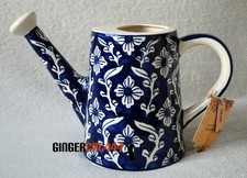 Mediterranean Spanish Ceramic Watering Can Pot Vase Navy Blue White Flowers