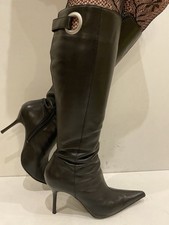 Vintage Barratts (Genuine Y2K) Black Leather Pointed Toe Knee High Boots UK5 VGC