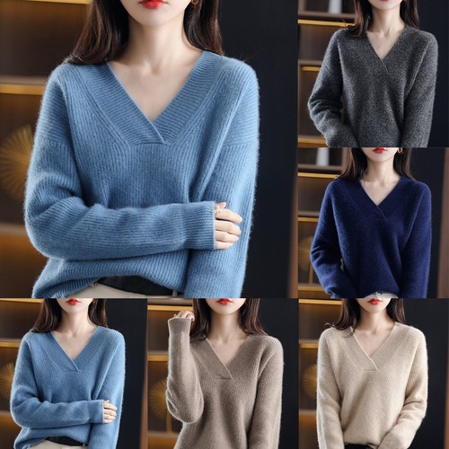 Loose knit neck sweater - v,