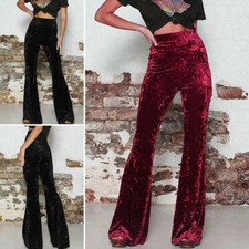 New Retro Womens High Waist Velvet Flared Bell Trousers Slim Wide Leg Pants