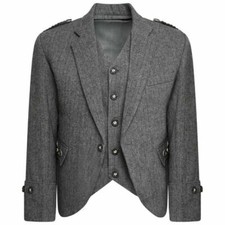 Grey Tweed Argyle Kilt Jacket With Vest - Men's Tweed Wool Wedding Argyll Jacket