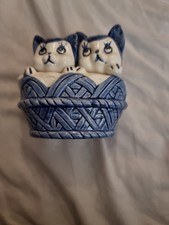 Handpainted Blue Delft Color Cats in Basket Blue And White