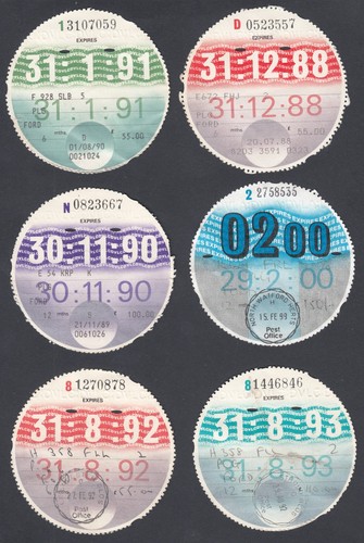 Six used tax discs - six, disc