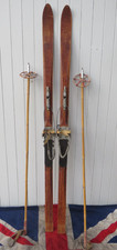 BEAR TRAP ANTIQUE VINTAGE WOODEN SKIS & BAMBOO POLES SKI LODGE CHALET PROP 180cm
