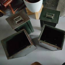 2x Vintage Metal Small One Drawer Green Metal Index Card Filing Cabinets Stack